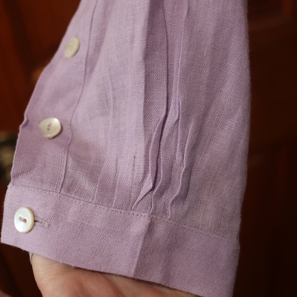 Anne Klein Lavender Button Down Pleated Long Sleeve Feminine Top 100% Linen 10 - Picture 10 of 13